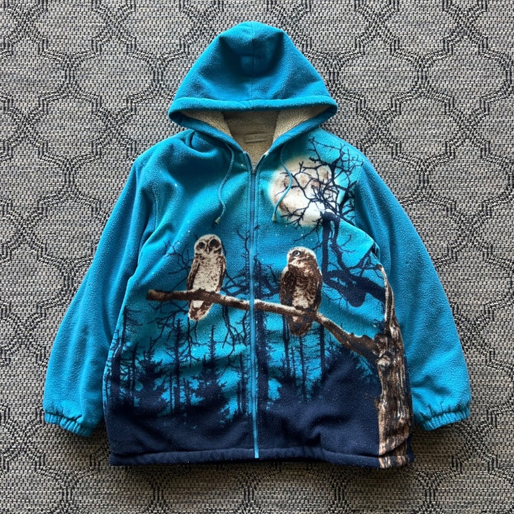 Classic Editions Owl Sweater Mens XL Teal Blue Sherpa Lined Nature Fleece Hoodie